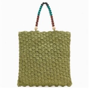 ZARA WOVEN PAPER TOTE BAG 16" Wodden Handle Weaved Clean Unused